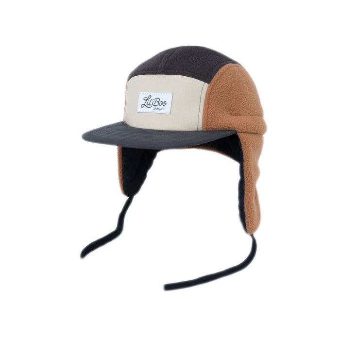 Kasket, blokfleece 5-panel med ører - Brun (str. L, 4-7 år)