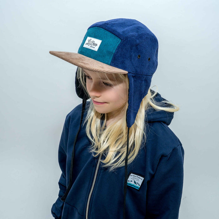 Kasket, Corduroy blok 5-panel med ører - Grøn (Størrelse M, 1,5-3 år)