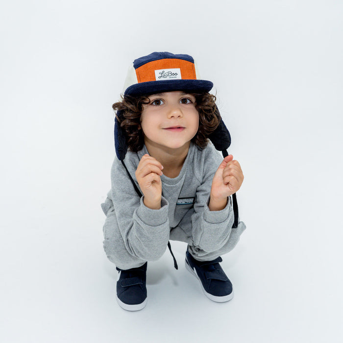 Kasket, Corduroy blok 5-panel med ører - Navy / Caramel (Størrelse M, 1,5-3 år)