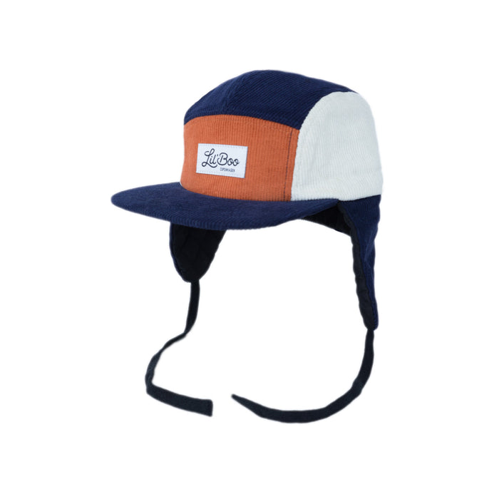 Kasket, Corduroy blok 5-panel med ører - Navy / Caramel (Størrelse M, 1,5-3 år)