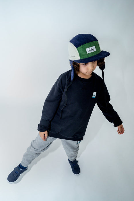 Kasket, Corduroy blok 5-panel med ører - Navy / Grøn (Størrelse L, 4-7 år)