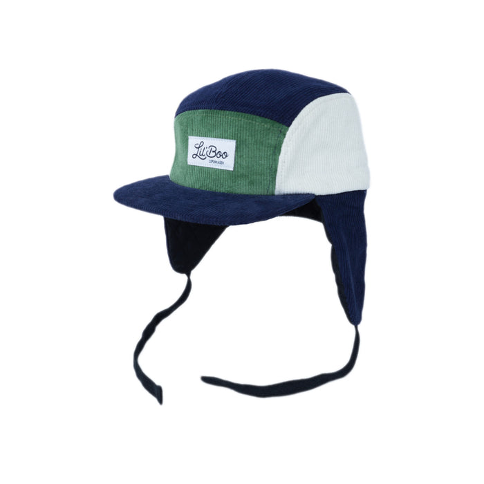 Kasket, Corduroy blok 5-panel med ører - Navy / Grøn (Størrelse L, 4-7 år)