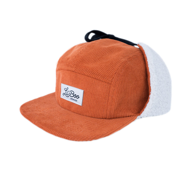 Kasket, Teddy fløjl 5-panel med ører - Karamel (størrelse M, 1,5-3 år)