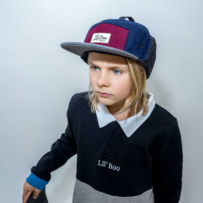 Kasket, Uldblok 5-panel med ører - Bourgogne / Grå / Navy (Størrelse M, 1,5-3 år)