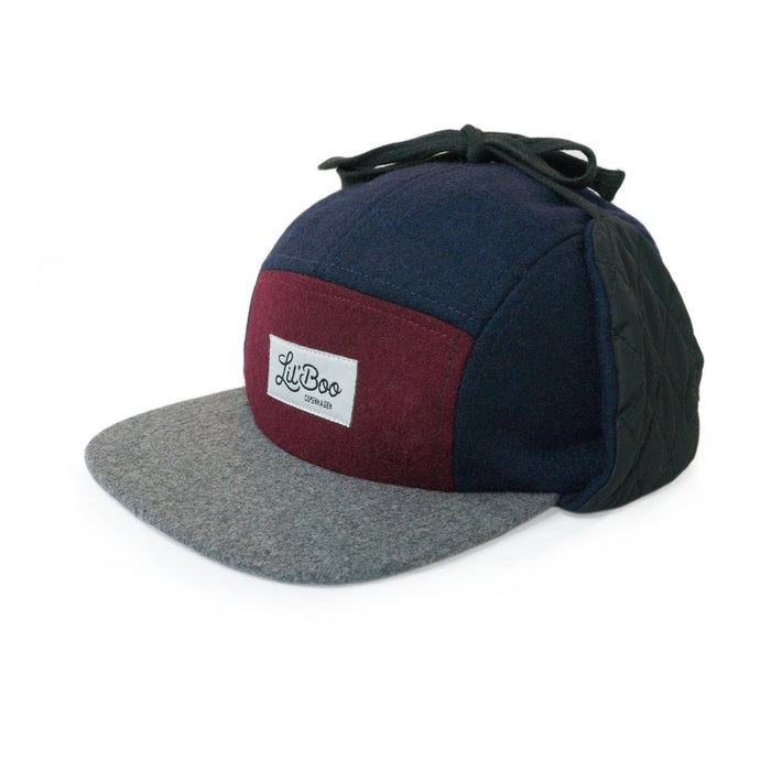 Kasket, Uldblok 5-panel med ører - Bourgogne / Grå / Navy (Størrelse L, 4-7 år)