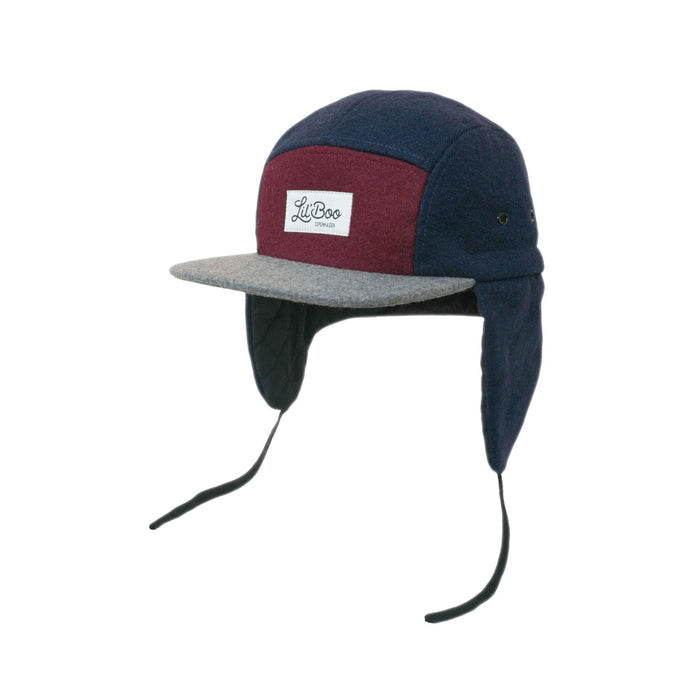 Kasket, Uldblok 5-panel med ører - Bourgogne / Grå / Navy (Størrelse XL, 7-14 år)