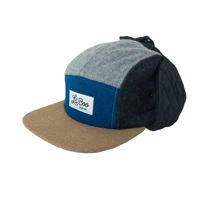 Kasket, Uldblok 5-panel med ører - Grå/Blå (Størrelse L, 4-7 år)