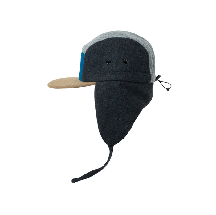 Kasket, Uldblok 5-panel med ører - Grå/Blå (Størrelse M, 1,5-3 år)