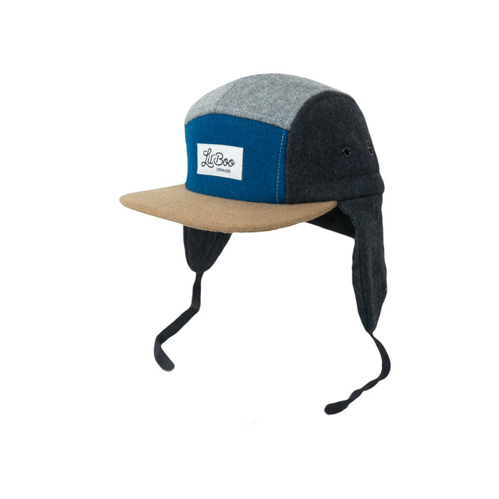 Kasket, Uldblok 5-panel med ører - Grå/Blå (Størrelse XL, 7-14 år)